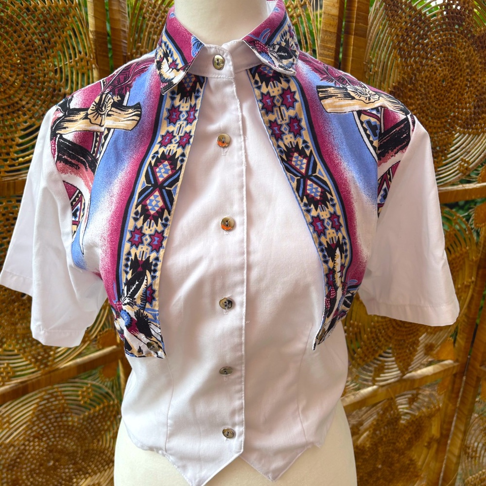 One-Of-A-Kind Vintage Marilyn Lenox White and Skull Aztec Button-Up Western Top